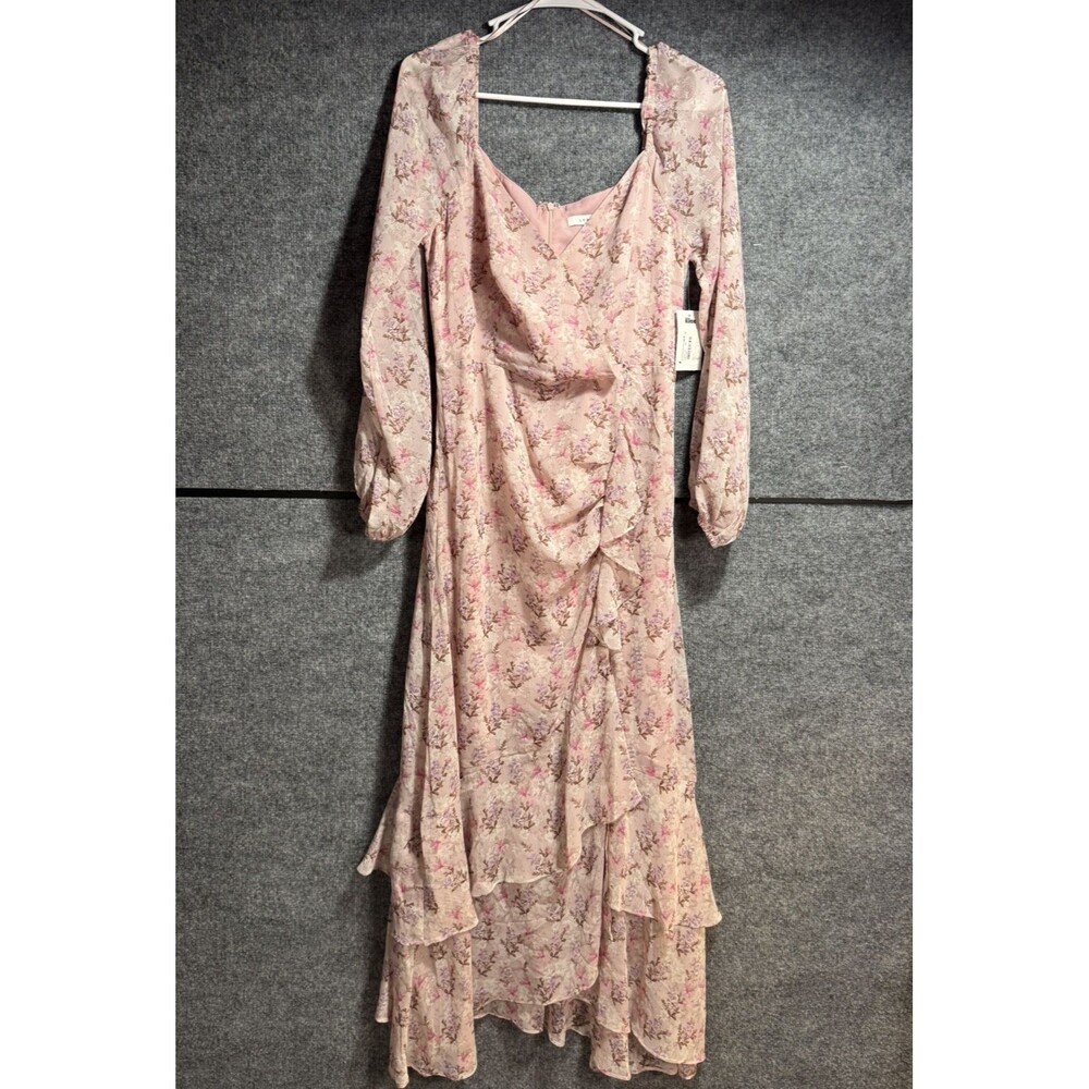 NWT LUSH Medium Pink Floral Wrap Midi Dress Romantic Ruffle Cottagecore